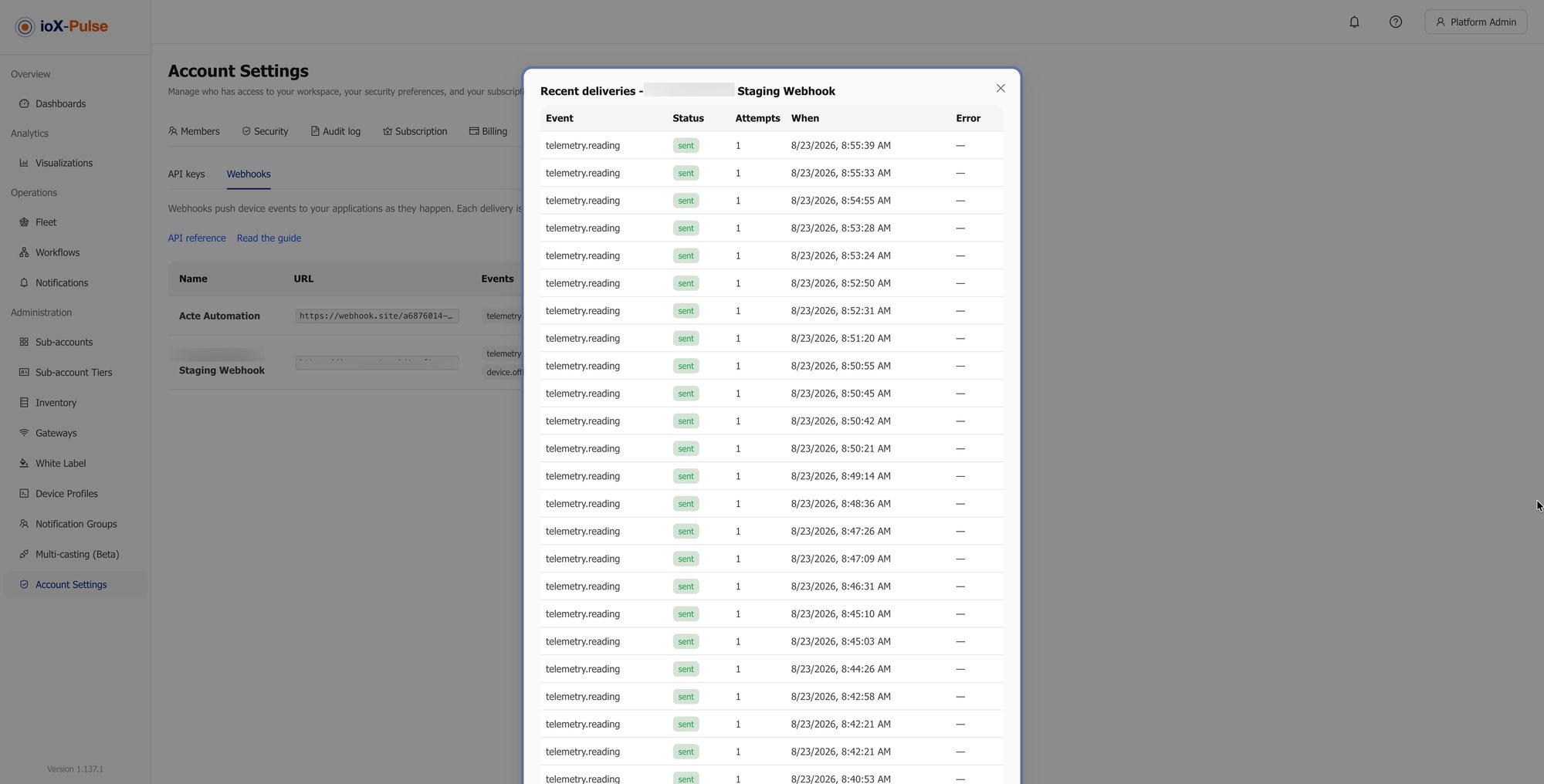 The webhook delivery log, showing each attempt and the response that came back.