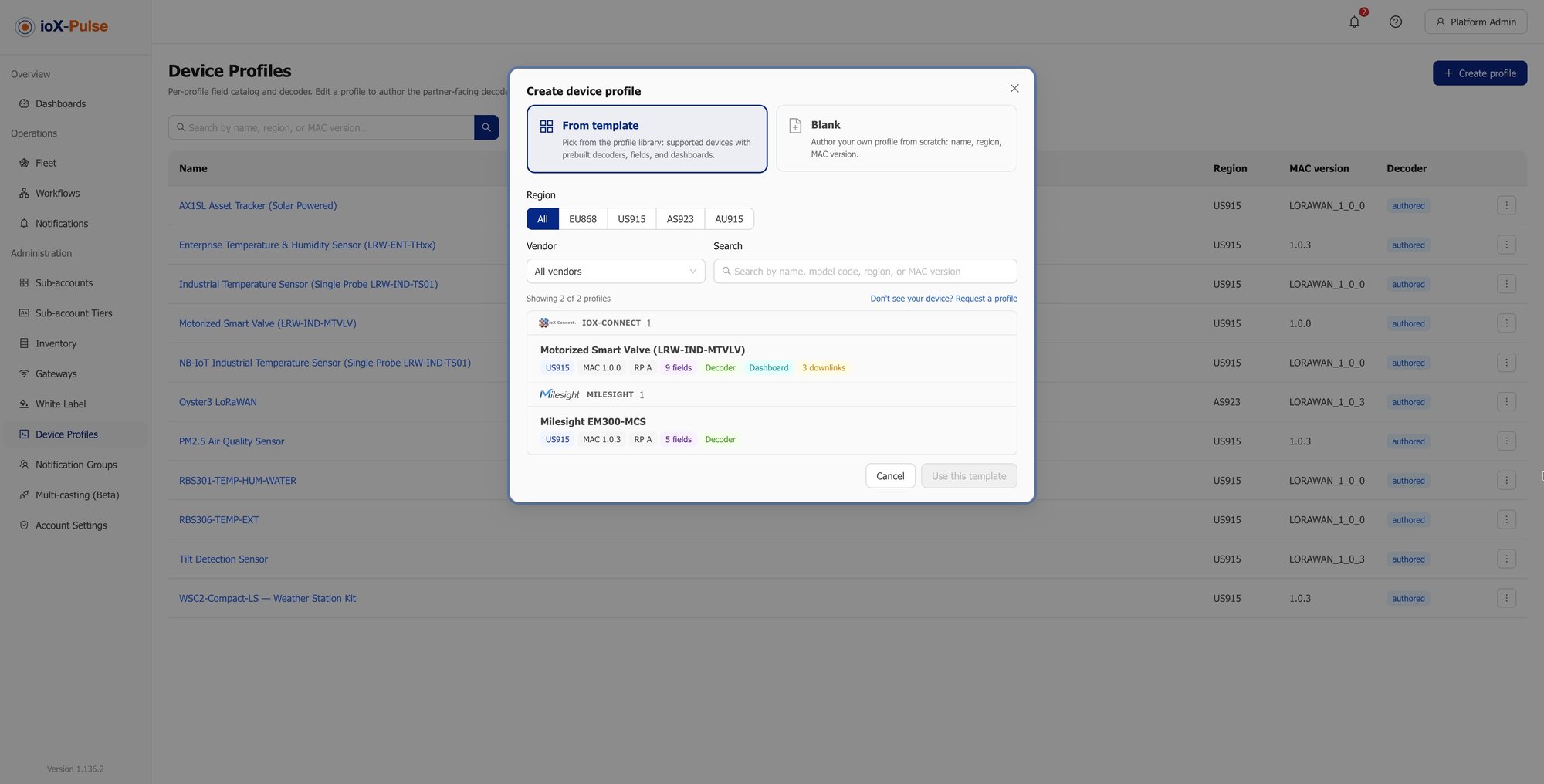 Adding a device profile from the manufacturer library, with filters and each entry's contents listed.