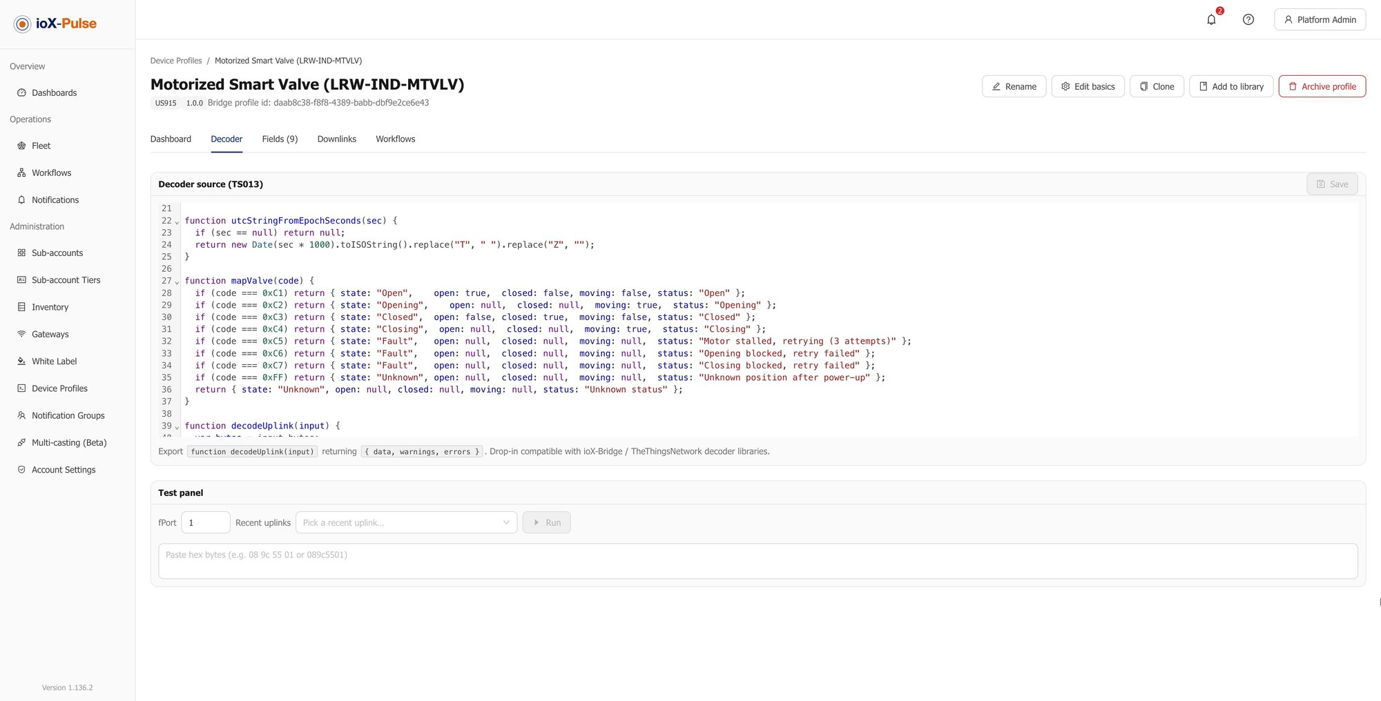 The custom decoder editor with the test panel, showing a hex payload decoded into named values.