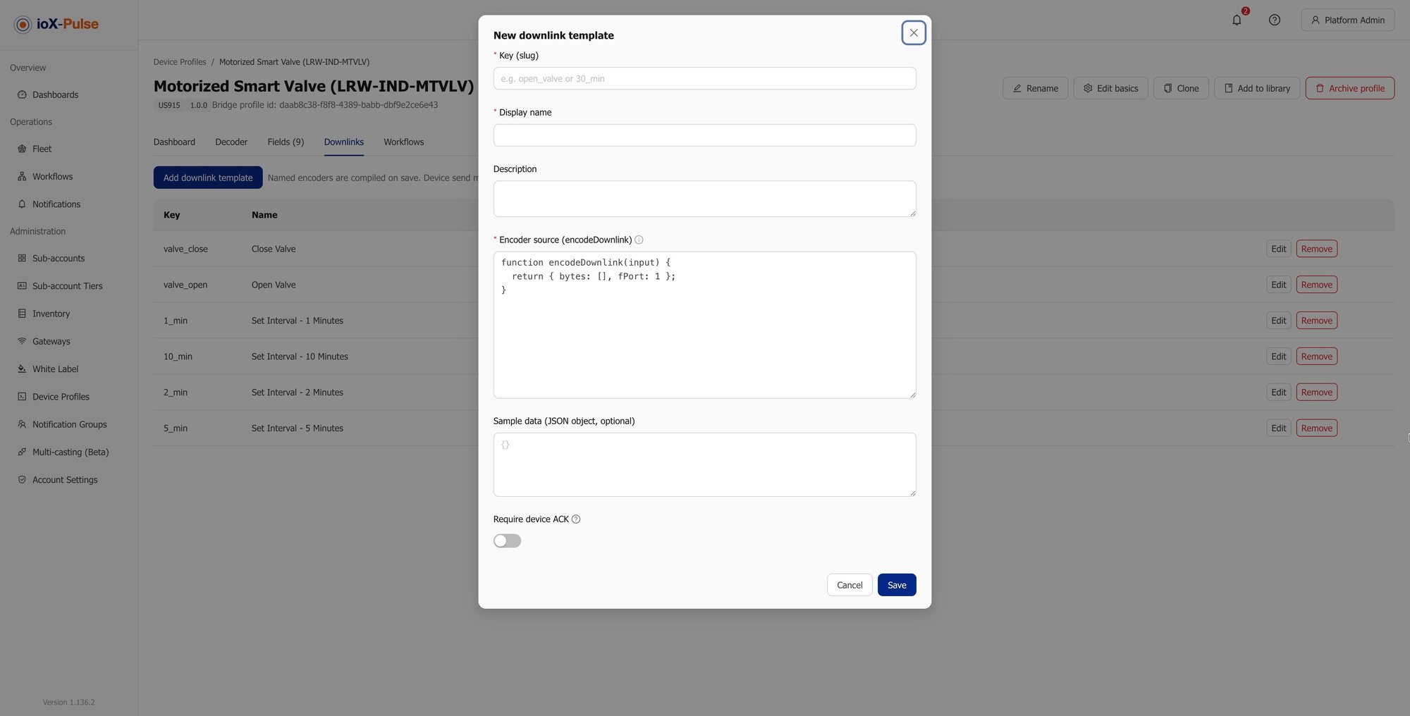 The downlink command templates on a device profile, each with a key, display name and encoder.