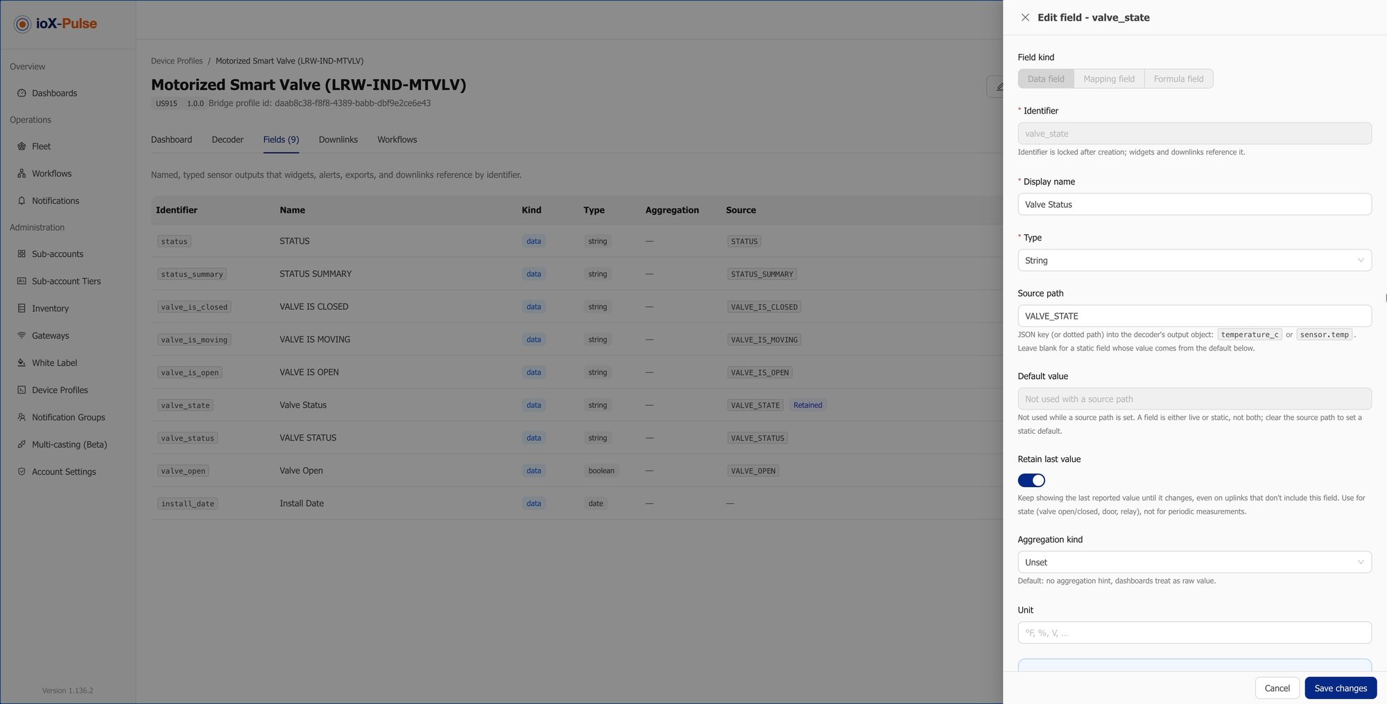 The fields editor, showing each field with its type, unit and accumulation behavior.