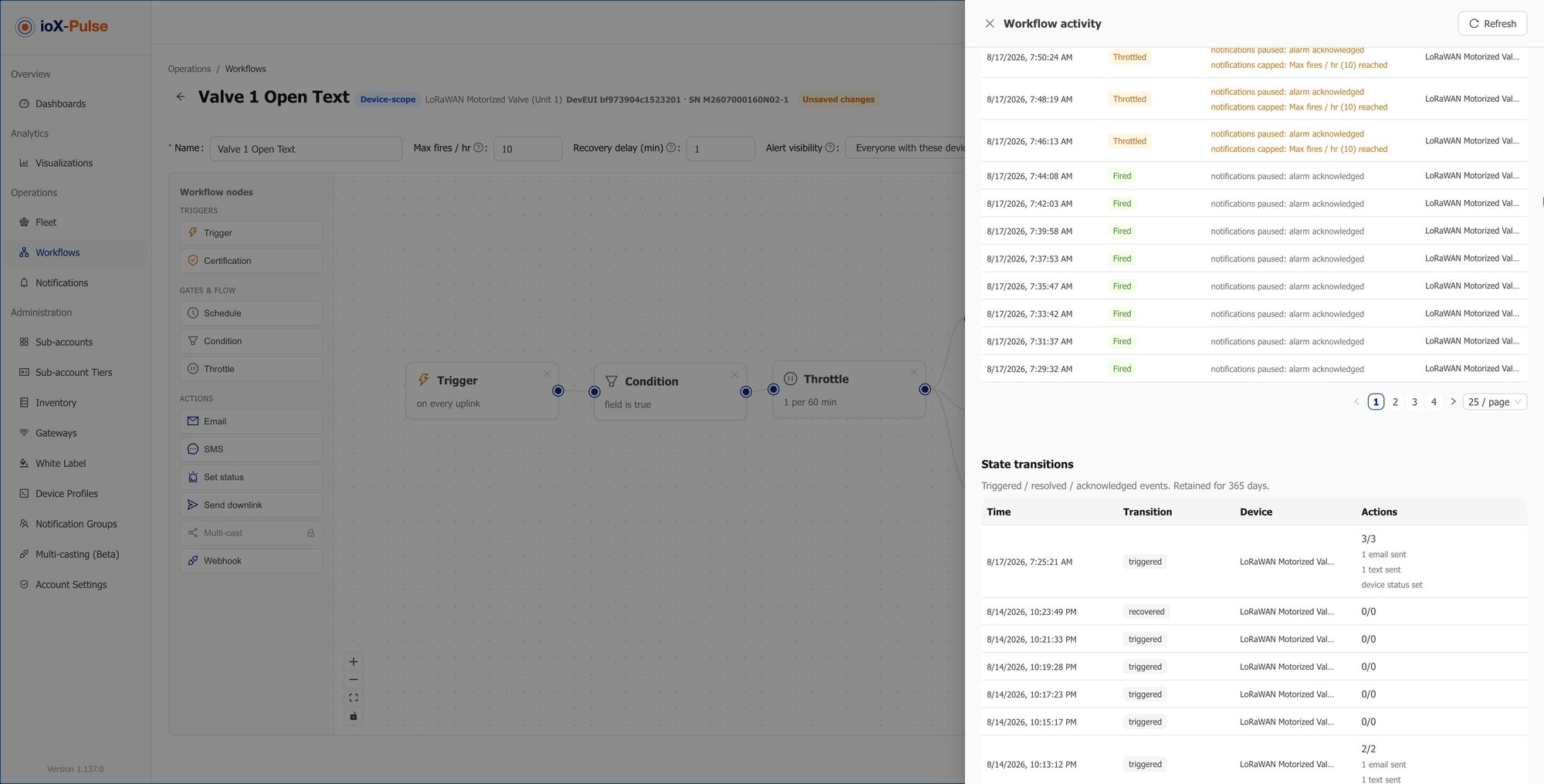 Workflow history on a device, showing each time a rule fired and what it did.
