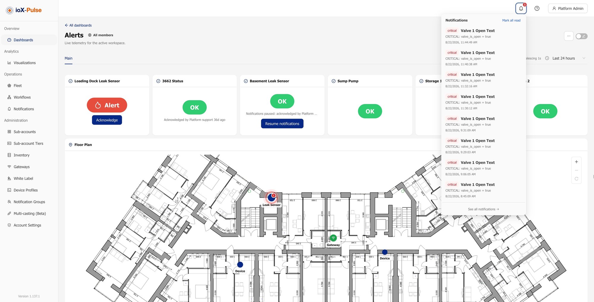 The global dashboard map with an active device alert.