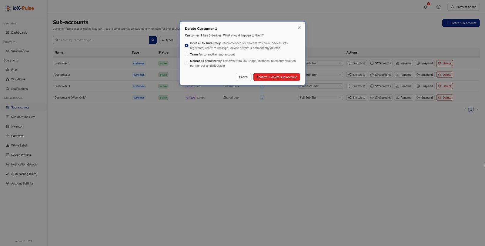 The delete account dialog, asking what should happen to the devices still assigned to the account.