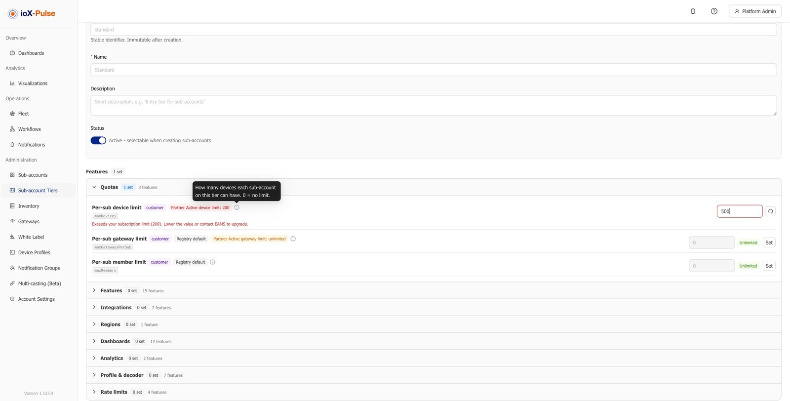 A sub-account tier editor showing an allowance validated against the partner's own plan limit.