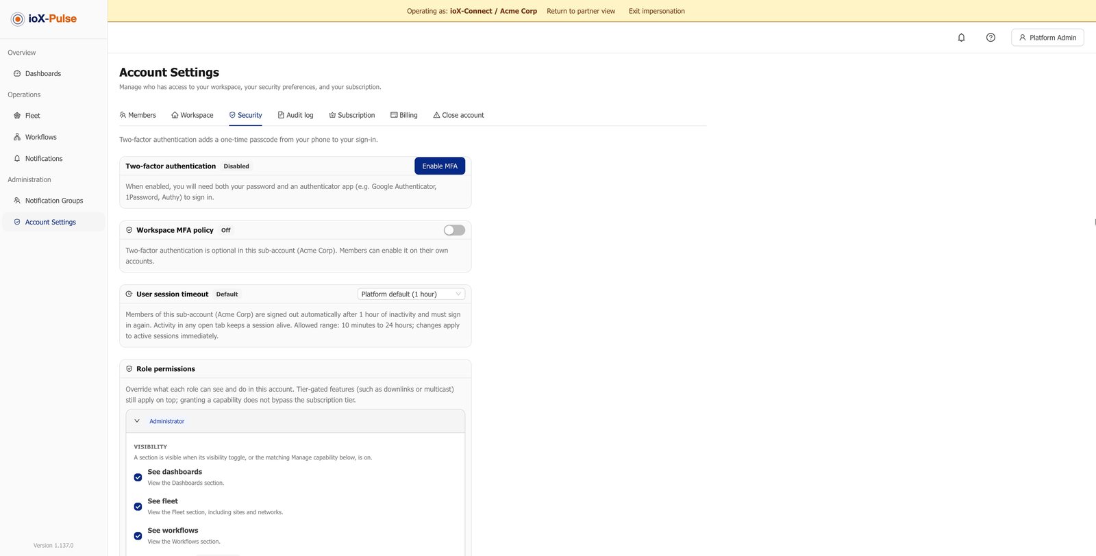The Role permissions editor, with the workspace multi-factor policy and the session timeout control above it.