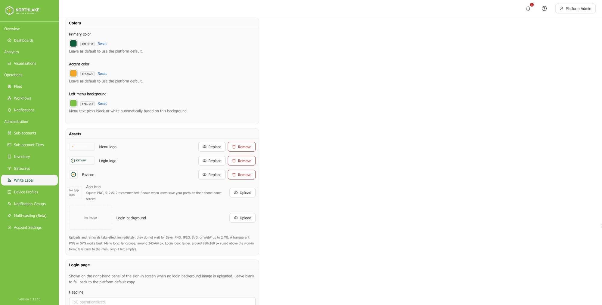 The white-label assets settings page, with a slot for each brand asset.