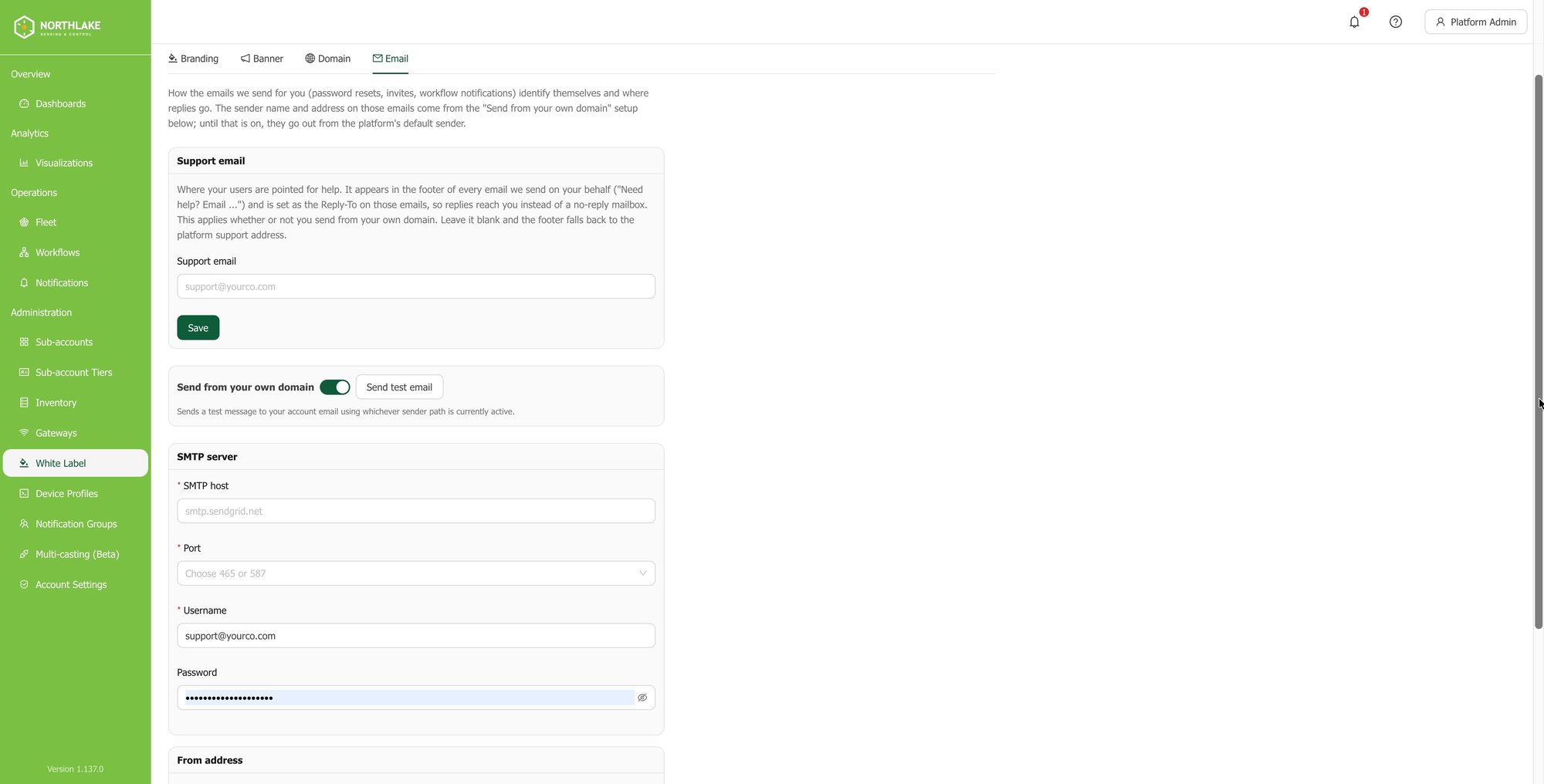 The email domain settings, showing the connected mail provider, sender name and test send.