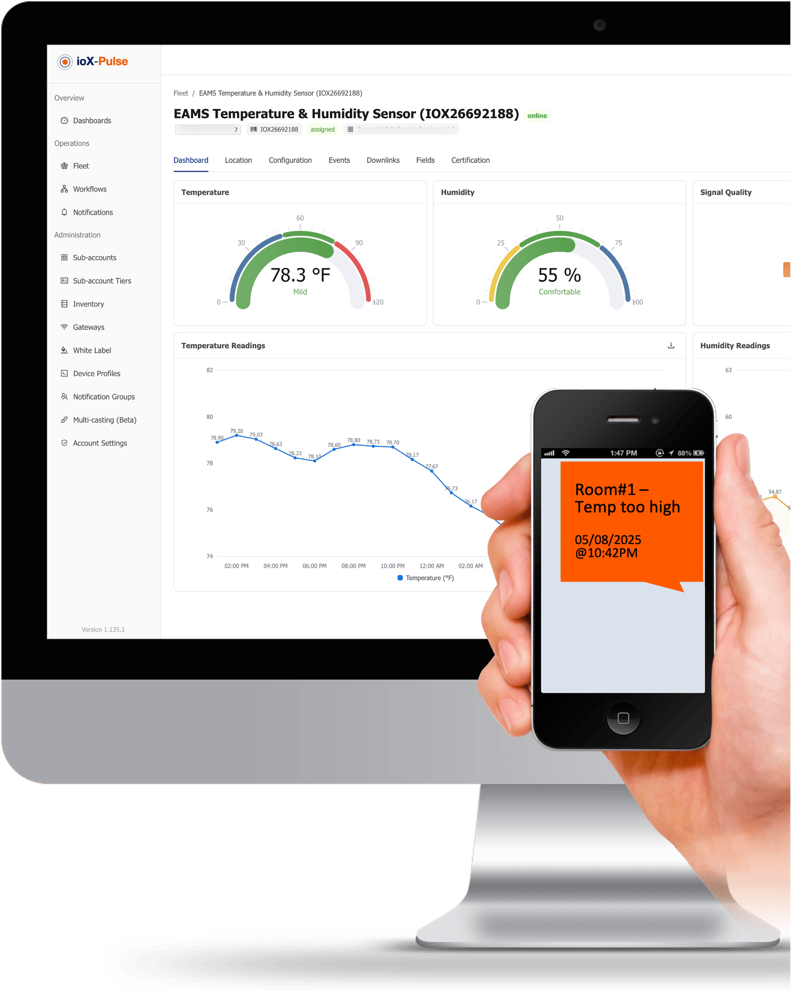 ioX-Pulse is a LoRaWAN IoT platform: device management, live dashboards, alerts and multi-tenant workspaces. Works with any standards-compliant gateway
