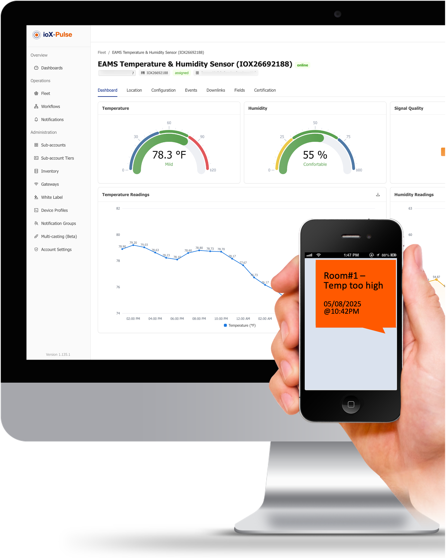 ioX-Pulse is a LoRaWAN IoT platform: device management, live dashboards, alerts and multi-tenant workspaces. Works with any standards-compliant gateway