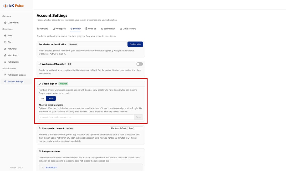 The Google sign-in card in ioX-Pulse Account Settings, set to Allow, with the Allowed email domains field