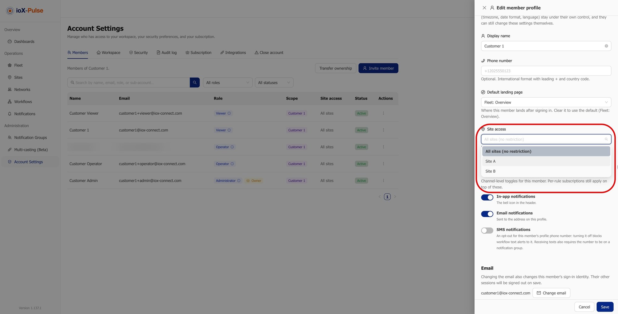 Changing the site a member is restricted to in user management.