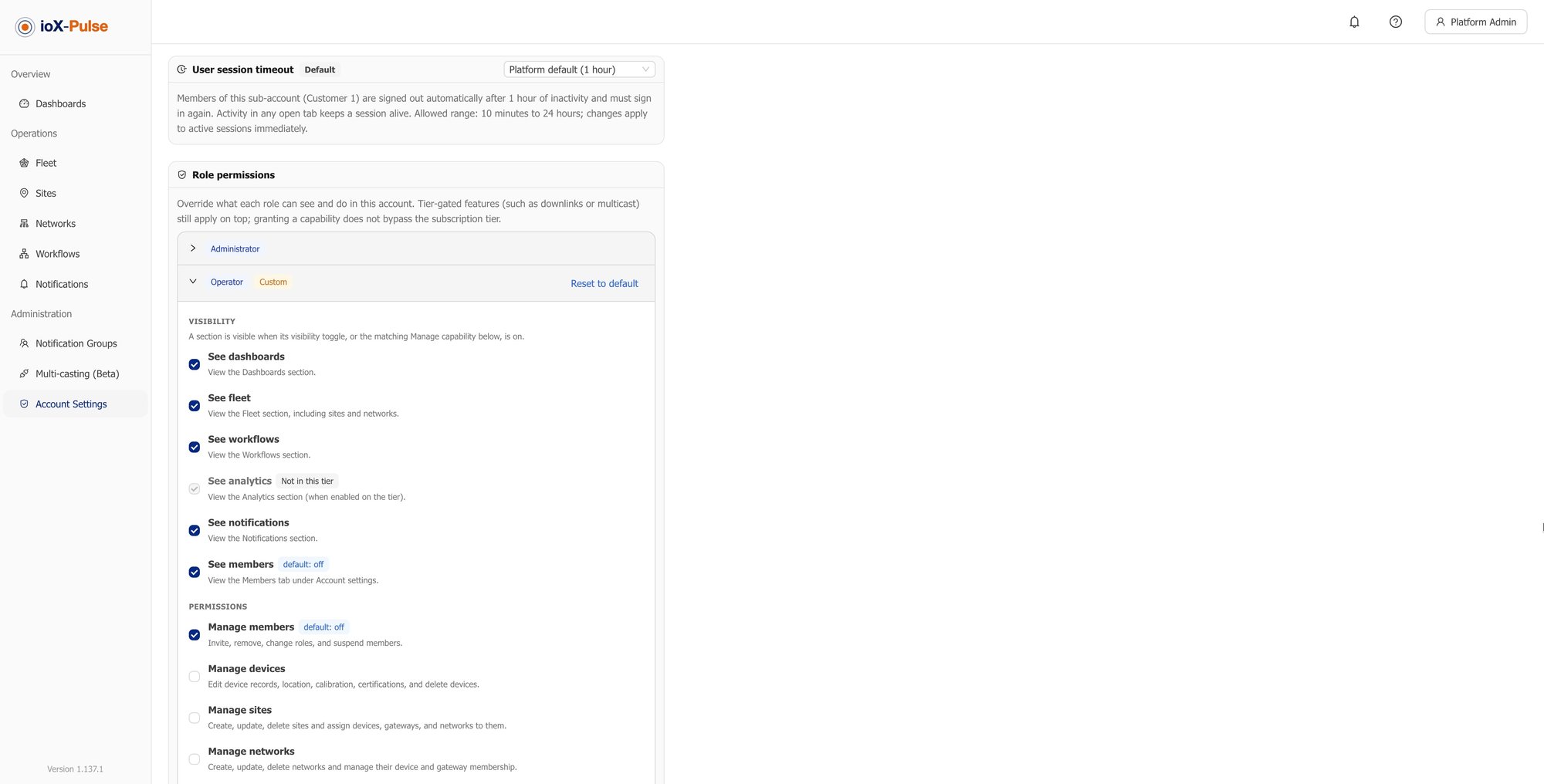 Role permissions in user management, with a custom set of changes applied.