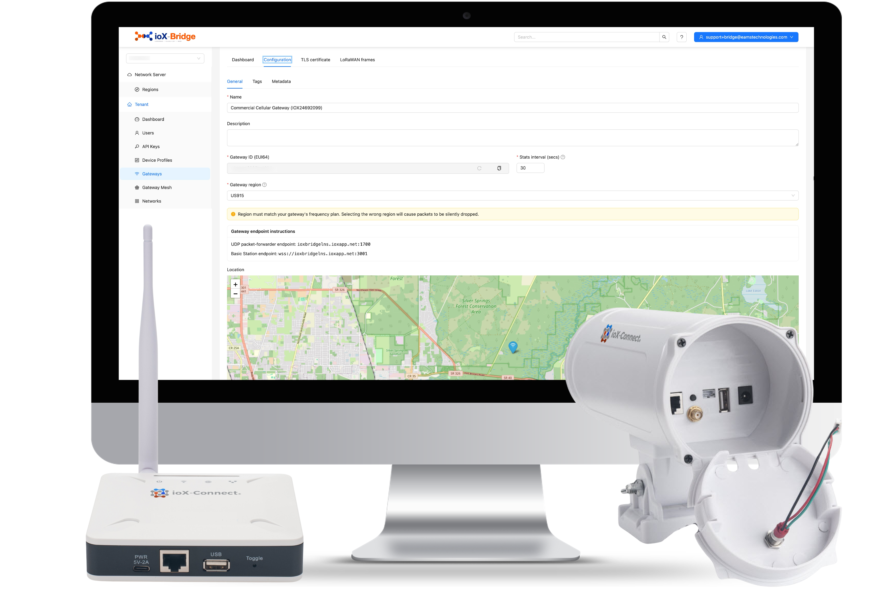 ioX-Bridge console showing a gateway connection alongside a LoRaWAN gateway and sensor