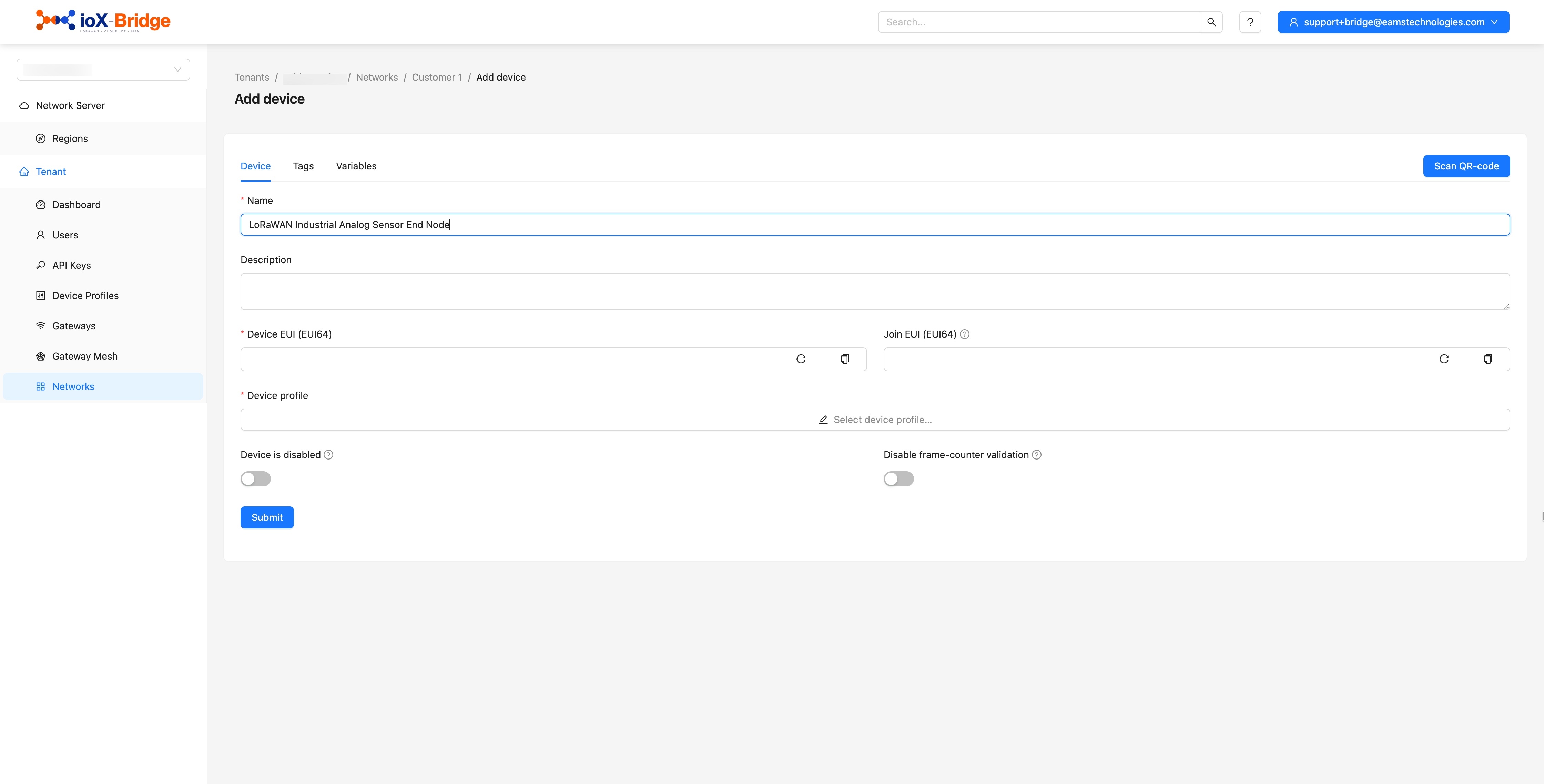 ioX-Bridge console: provisioning a device with its DevEUI, application key and profile
