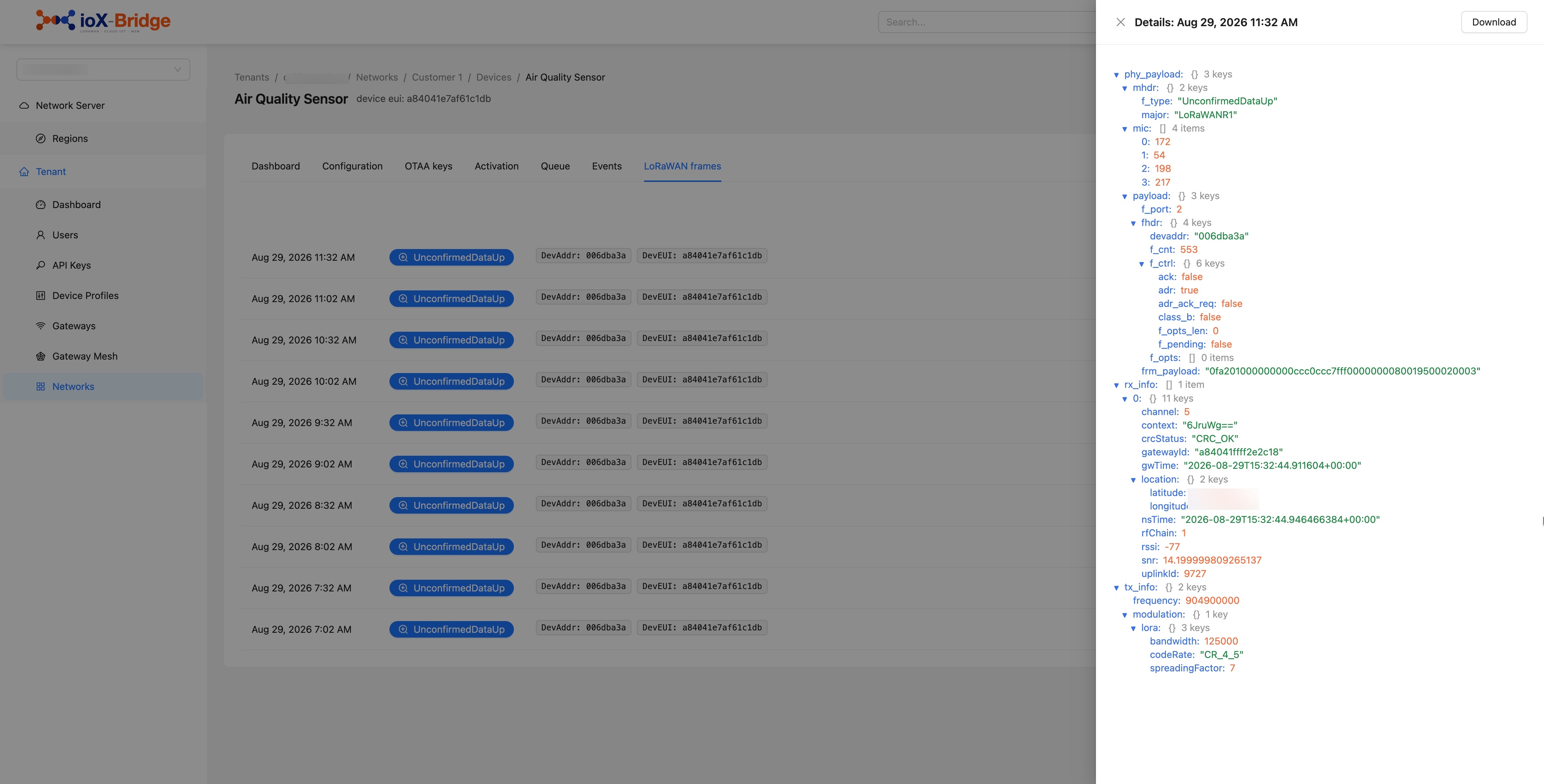 ioX-Bridge console: a device's LoRaWAN frames with raw and decoded payload