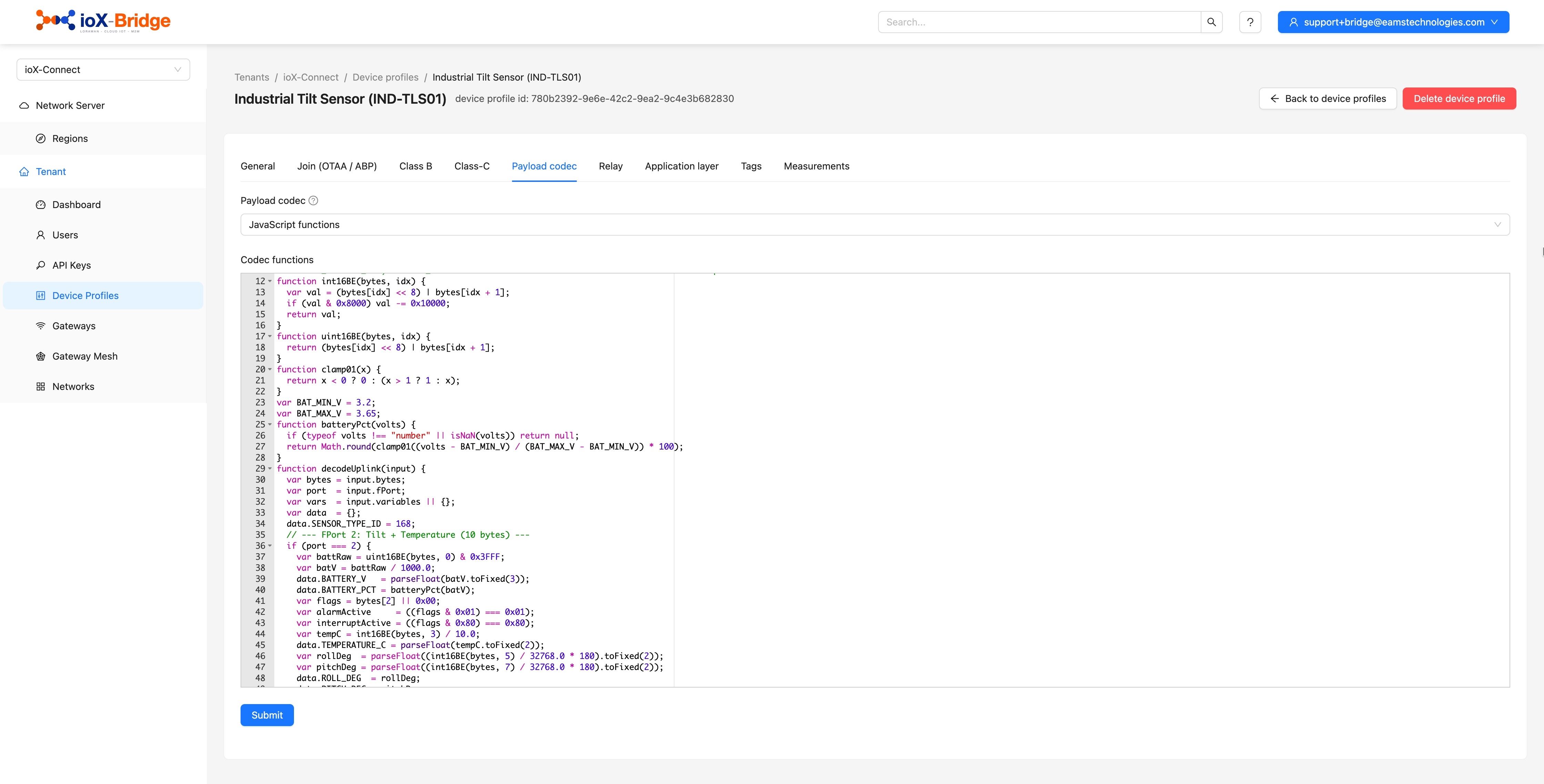 ioX-Bridge device profile: a JavaScript decode function on the codec tab