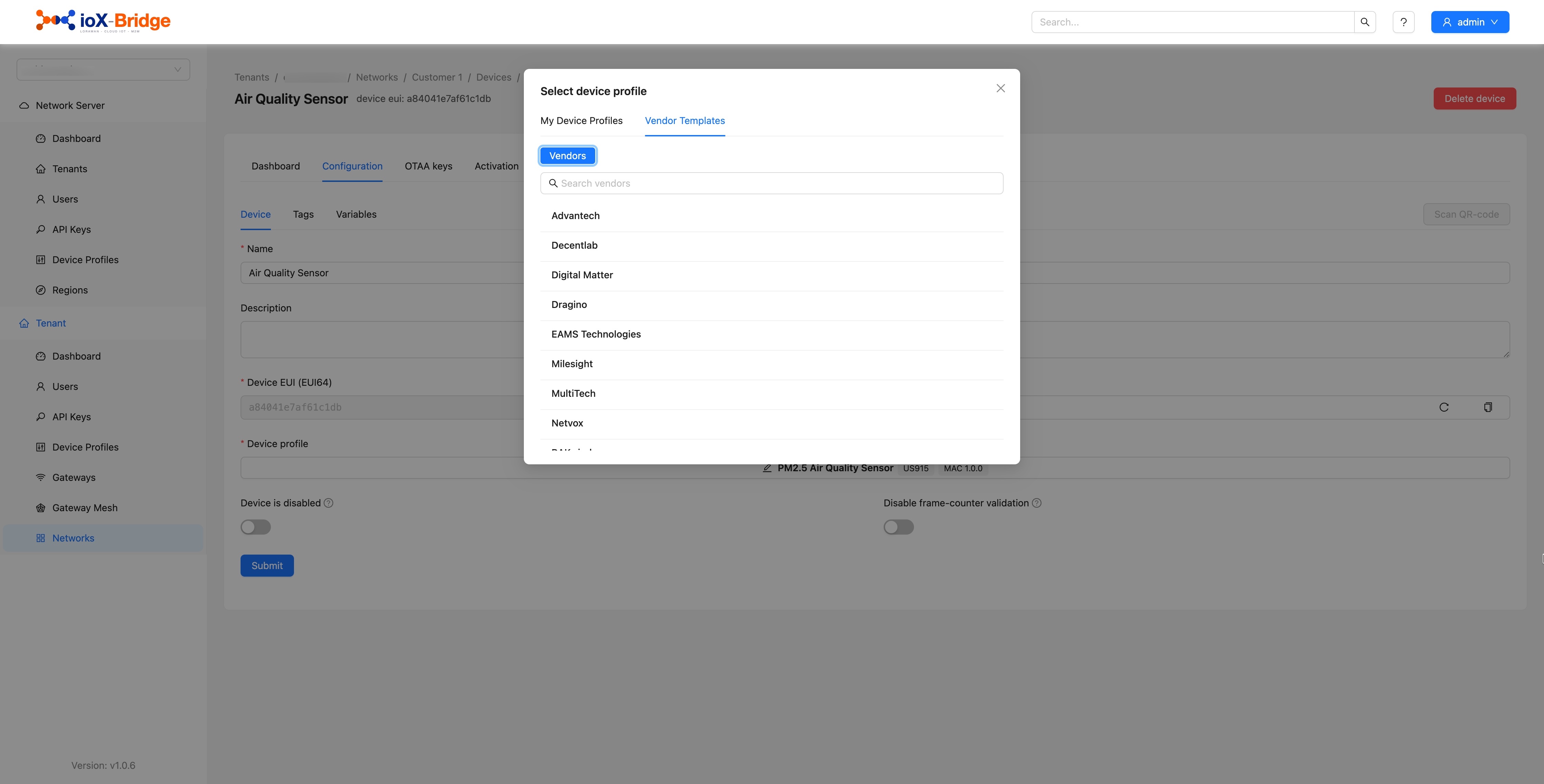 ioX-Bridge Vendor Templates browser showing vendor and model device profiles