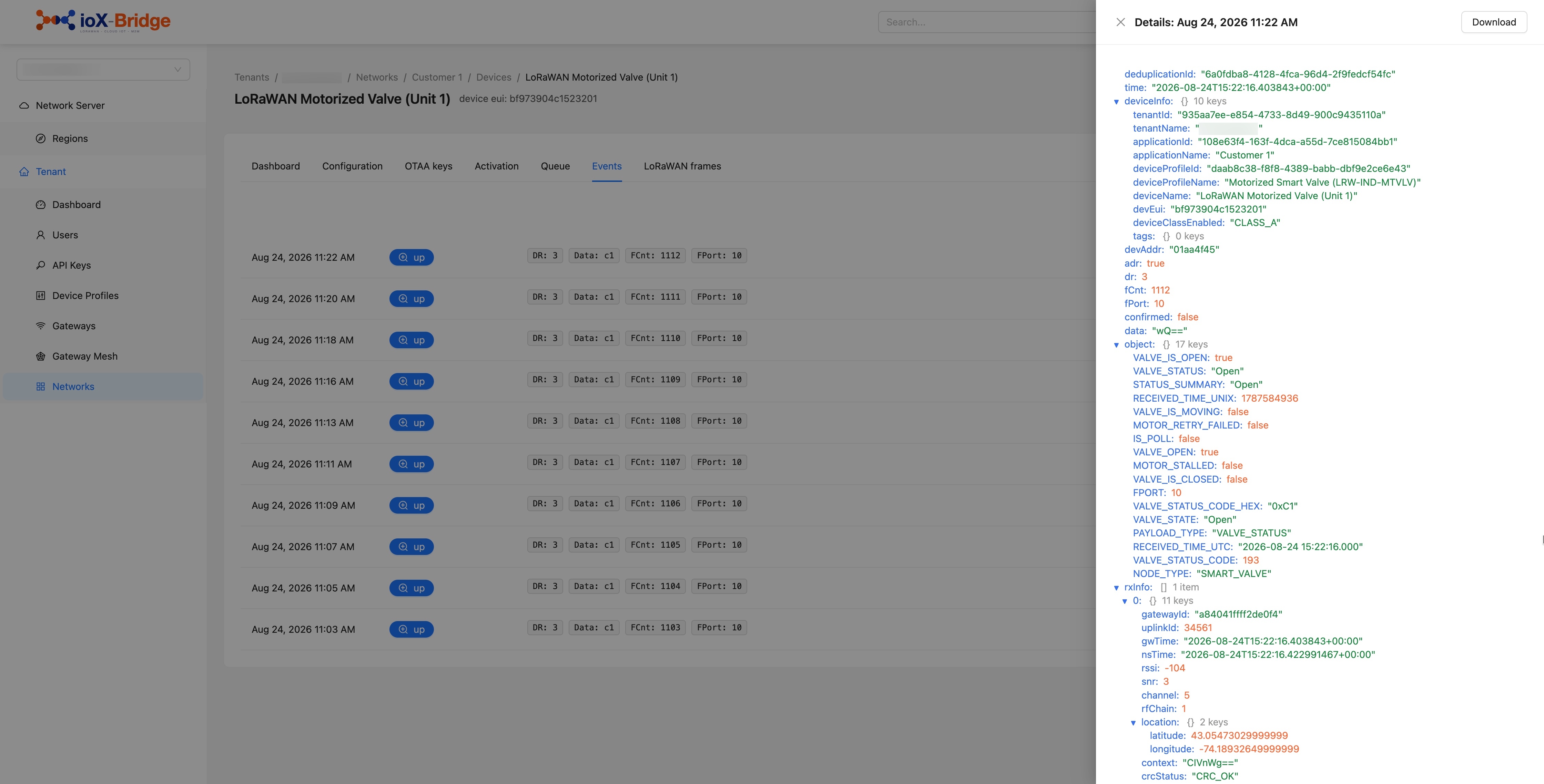ioX-Bridge device Events tab showing raw payload and decoded object side by side