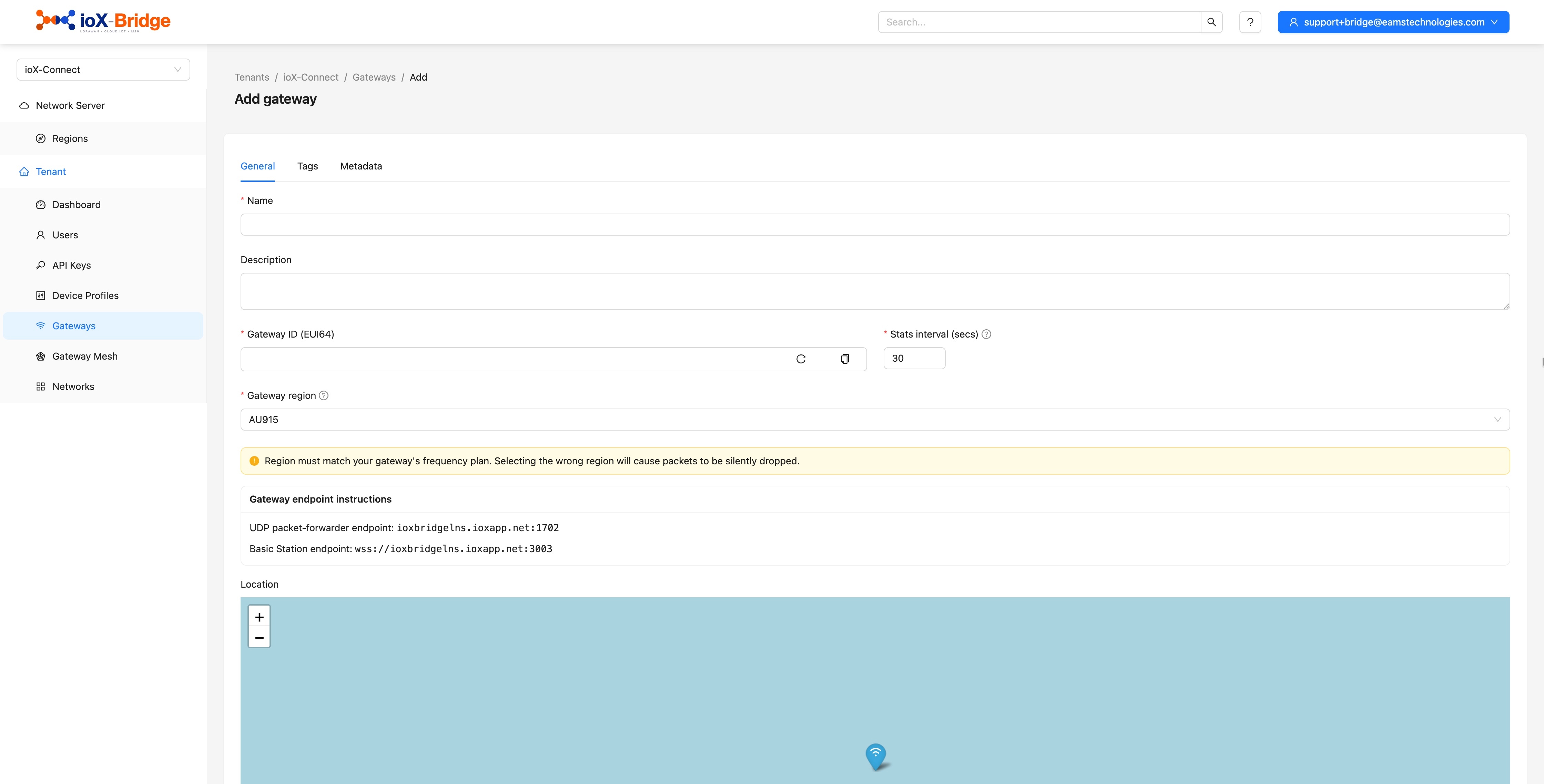 ioX-Bridge console: creating a new gateway with name, gateway ID and region