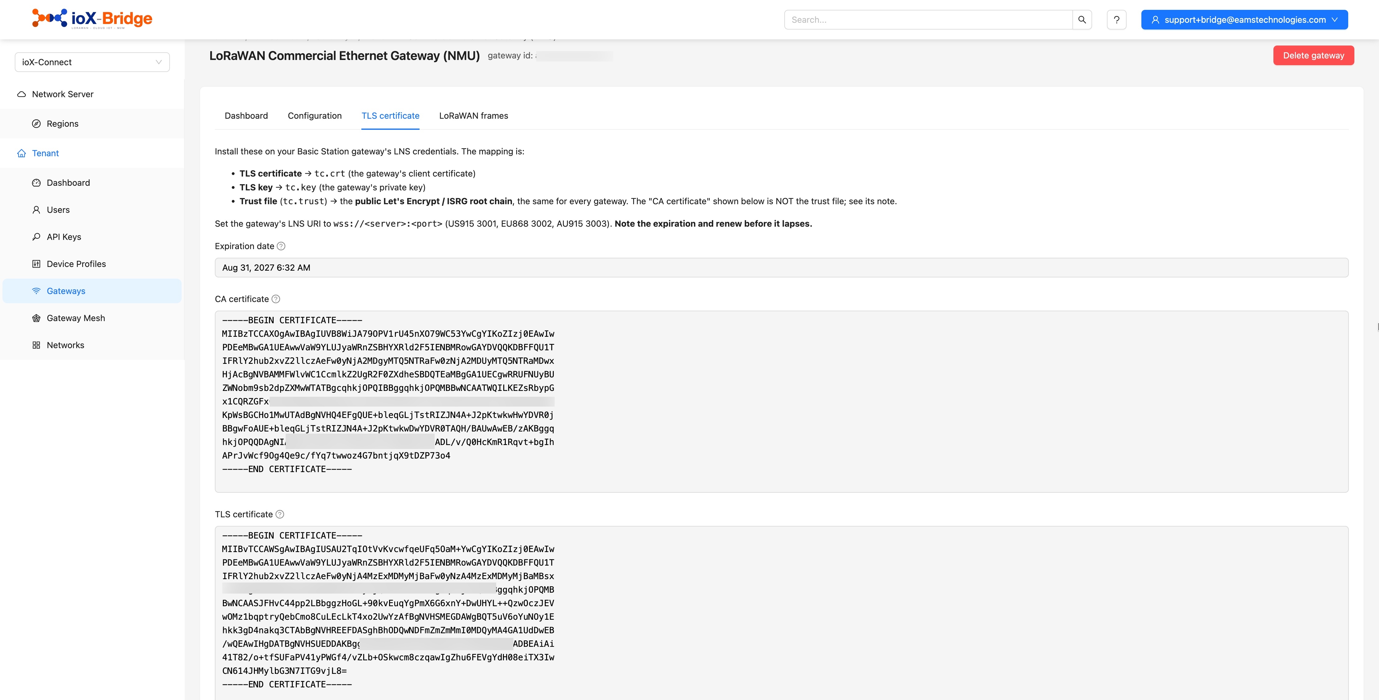 ioX-Bridge console: generating a TLS certificate for a Basics Station gateway