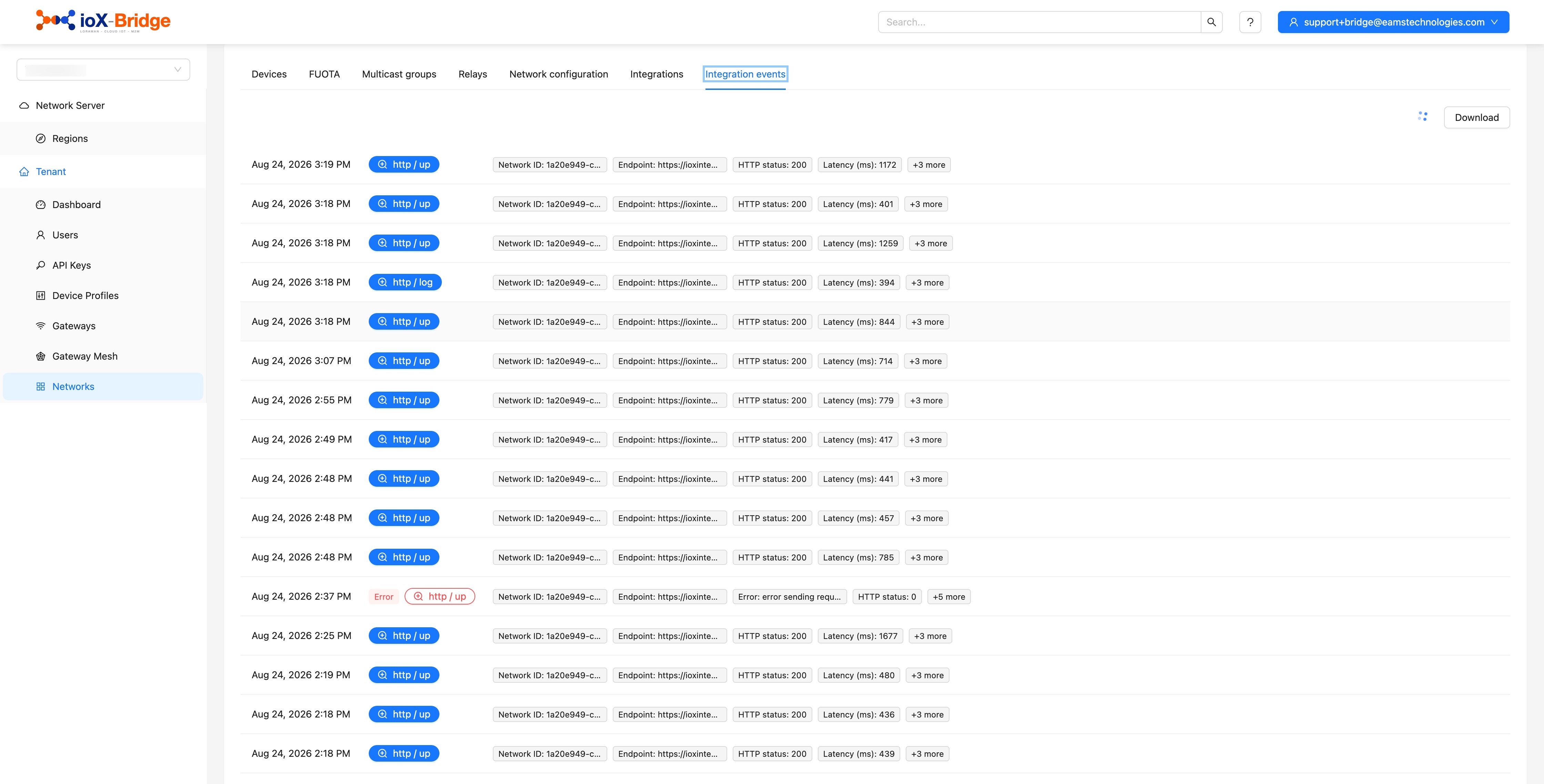 ioX-Bridge Integration events tab showing delivery attempts with an error entry
