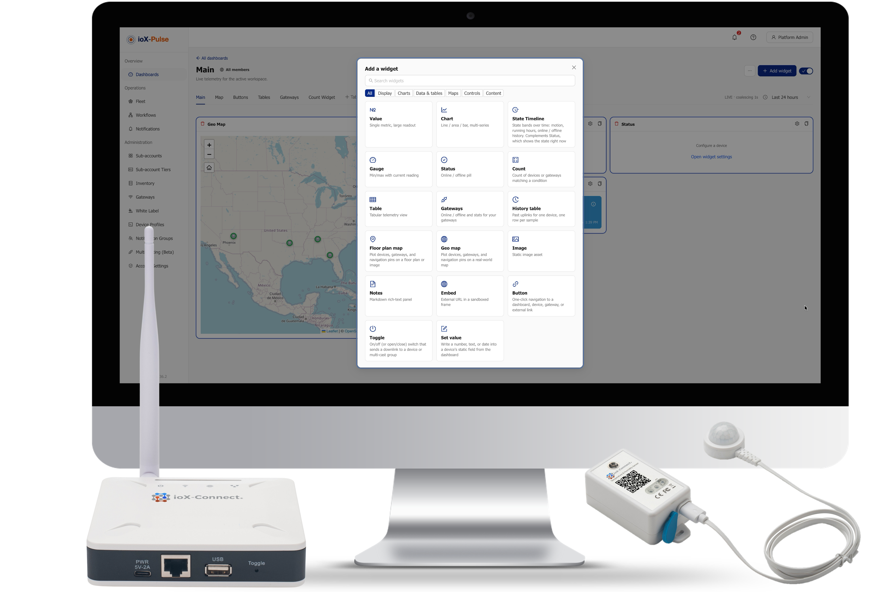 ioX-Pulse global dashboard showing device widgets, alerts and health metrics