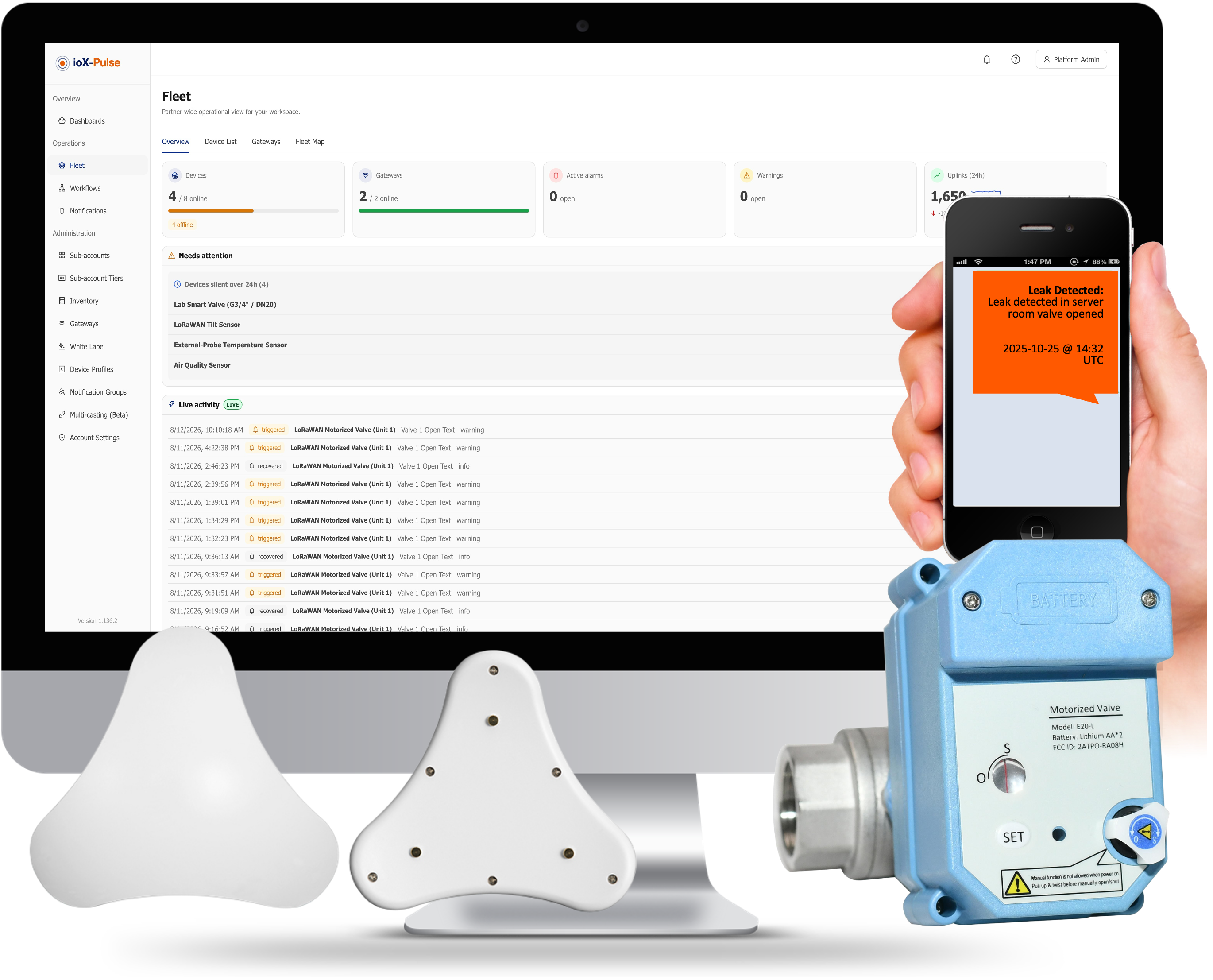 ioX-Pulse showing a leak sensor and valve dashboard