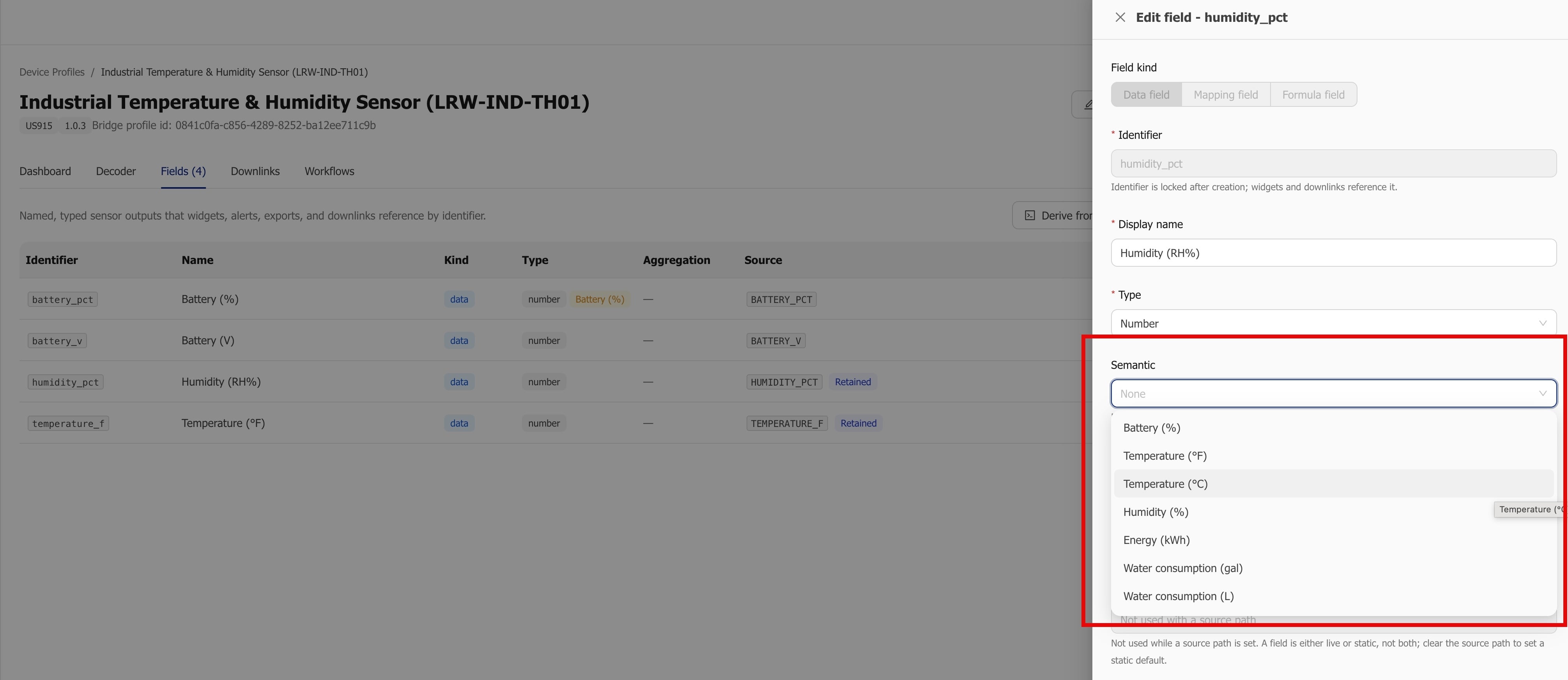 Choosing a semantic field kind on a device profile field in ioX-Pulse