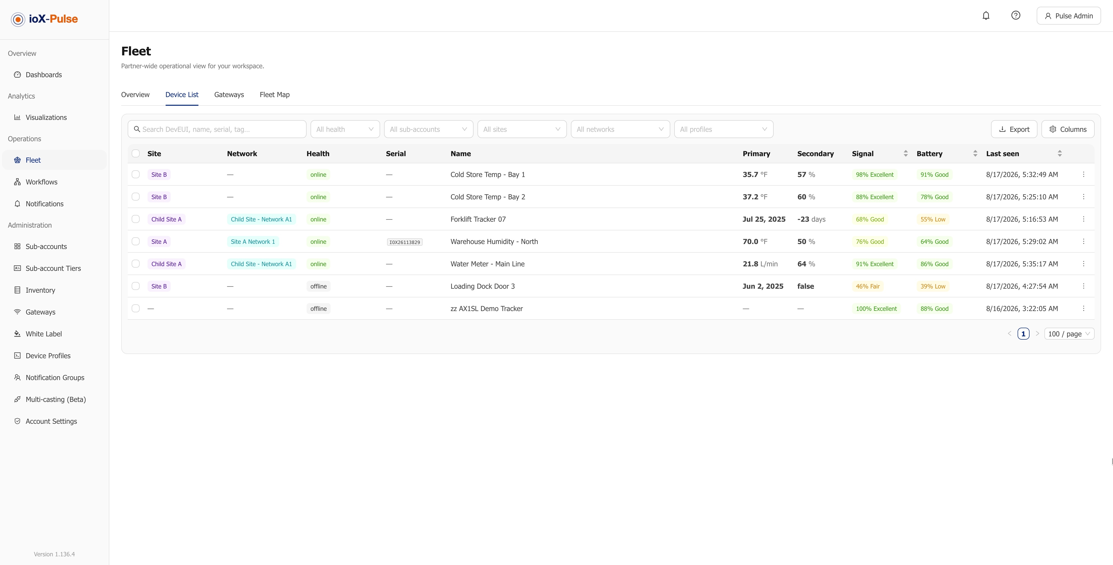 The ioX-Pulse fleet device list showing status, battery and last-seen columns across a large device fleet.